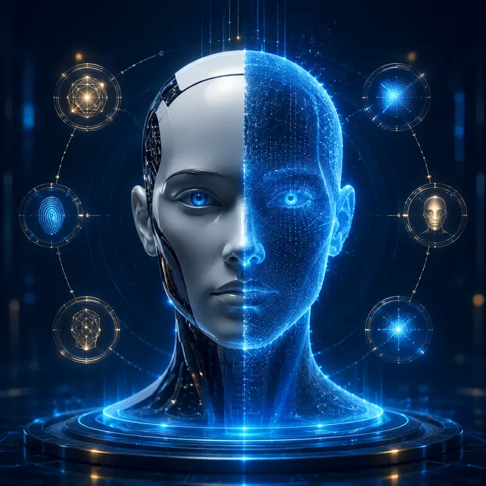 Identități digitale și avatare AI într-un ecosistem robotic luminos
