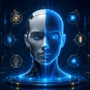 Identități digitale și avatare AI într-un ecosistem robotic luminos